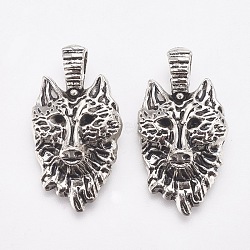 Tibetan Style Alloy Pendants, Wolf, Antique Silver, 33.5x17.5x8mm, Hole: 4mm(TIBEP-WH0001-01AS)