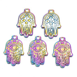 Religion Theme Rainbow Color Alloy Pendants, Cadmium Free & Nickel Free & Lead Free, Hamsa Hand/Hand of Miriam, 47.5x30.5x2.5mm, Hole: 4x4mm(PALLOY-N156-197-NR)