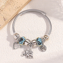 Alloy Beads European Bangles, Elephant & Heart & Tree of Life Charm Bangles, Antique Silver, Light Sky Blue, Inner Diameter: 2-1/4 inch(5.63cm)(FS-WG24546-02)