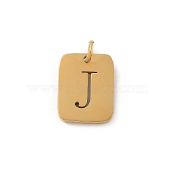 304 Stainless Steel Charms, with Jump Ring, Golden, Rectangle with Letter Charm, Letter J, 12.5x9.5x1.5mm, Hole: 3mm(STAS-R001-01G-J)