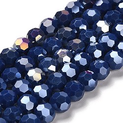 Opaque Glass Beads Stands, AB Color, Faceted(32 Facets), Round, Midnight Blue, 8x7~7.5mm, Hole: 1.5mm, about 66pcs/strand, 18.82~19.06 inch(47.8~48.4cm)(EGLA-A035-P8mm-B09)