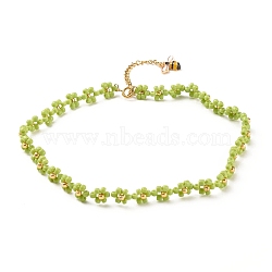 Glass Seed Beaded Flower Necklace with Alloy Enamel Bee Charm, Braided Jewelry for Women, Golden, Yellow Green, 12.60 inch(32cm)(NJEW-JN03817-02)
