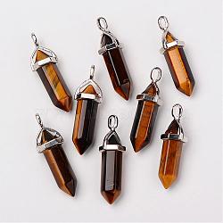 Natural Tiger Eye Double Terminated Pointed Pendants, with Random Alloy Pendant Hexagon Bead Cap Bails, Bullet, Platinum, 37~40x12mm, Hole: 3mm(G-F295-05B)