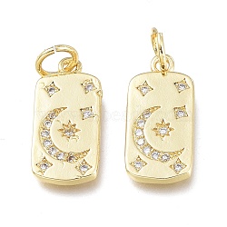 Brass Micro Pave Clear Cubic Zirconia Charms, with Jump Ring, Long-Lasting Plated, Rectangle with Star & Moon, Real 18K Gold Plated, 14x7.5x1.5mm, Jump Ring: 5x0.7mm, 3.6mm Inner Diameter(ZIRC-L076-054G)