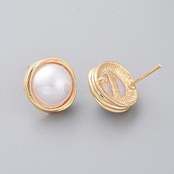 Brass Stud Earring Findings, with ABS Plastic Imitation Pearl and Loop, Half Round, Creamy White, Nickel Free, Real 18K Gold Plated, 12.5x12mm, Hole: 0.8mm, Pin: 0.8mm(X-KK-S350-429)