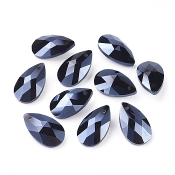 Faceted Glass Pendants, teardrop, Prussian Blue, 22x13x8.5mm, Hole: 1mm