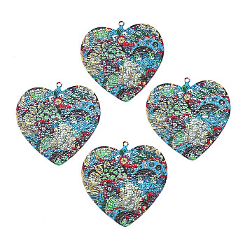430 Stainless Steel Pendants, Spray Painted, Etched Metal Embellishments, Heart with Plant Pattern, Dark Turquoise, 42.5x41x0.3mm, Hole: 1.6mm