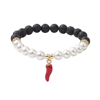 8mm Round Natural Lava Rock & Shell Pearl Beaded Stretch Bracelets, Chili Pepper Alloy Enamel Charm Bracelets for Women, Black, Inner Diameter: 2-1/8 inch(5.5cm), Chili Pepper: 21x6x6mm, Bead: 8mm