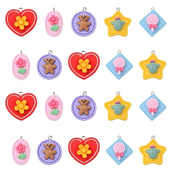 30Pcs 5 Styles Opaque Resin Pendants, with Platinum Tone Iron Loops, Mixed Color, 24~33x19~29x7~9mm, Hole: 2mm, 6pcs/style