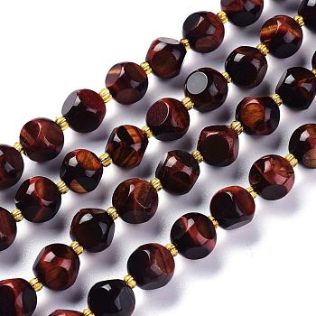 Natural Tiger Eye Beads Strands, Dyed & Heated, with Seed Beads, Six Sided Celestial Dice, Red, 10~10.5x10~10.5mm, Hole: 1mm, about 32~35pcs/strand, 15.55~15.74inch(39.5~40cm)