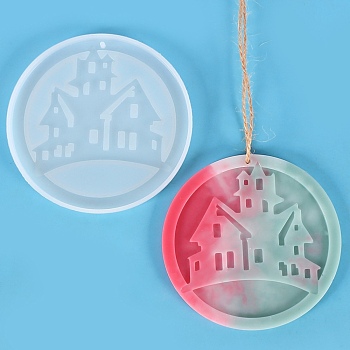 DIY Pendants Silicone Molds, Resin Casting Molds, UV Resin, Epoxy Resin Craft Making, Halloween Theme, Flat Round with Haunted House, White, 104x7mm, Hole: 2.8mm