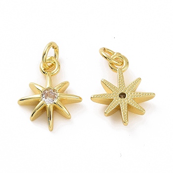 Brass Cubic Zirconia Charms, Star Single Stone Charms, Real 18K Gold Plated, with Jump Ring, Clear, 14x11x3mm, Hole: 3.2mm