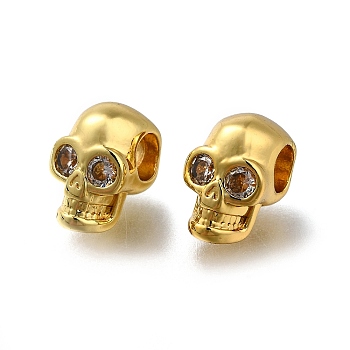 Brass Micro Pave Clear Cubic Zirconia Beads, Skull, Long-Lasting Plated, Rack Plating, Lead Free & Cadmium Free, Real 18K Gold Plated, 10x6.5x7.5mm, Hole: 3.5mm