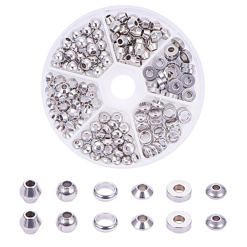 180Pcs 6 Styles 304 Stainless Steel Beads, Spacer Beads, Round & Rondelle & Bicone & Flat Round, Stainless Steel Color