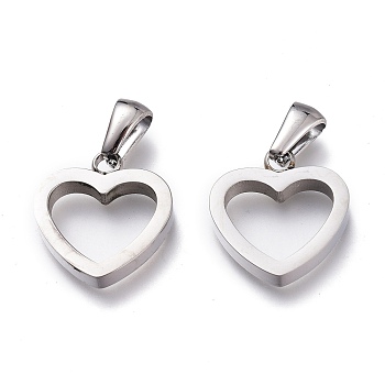 304 Stainless Steel Pendants, Manual Polishing, Hollow, Heart, Stainless Steel Color, 16x15x4mm, Hole: 6x2.5mm