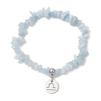 Natural Aquamarine Chip Beaded Stretch Bracelets, 304 Stainless Steel Libra Charm Bracelets for Women, Inner Diameter: 1-7/8~2-1/4 inch(4.8~5.7cm)