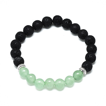 Natural Green Aventurine Beads Stretch Bracelets, with Synthetic Lava Rock Beads and Alloy Beads, Round, Inner Diameter: 2-1/8 inch(5.5cm), Beads: 8.5mm