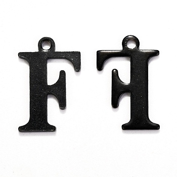 304 Stainless Steel Alphabet Charms, Electrophoresis Black, Letter.F, 12x8x1mm, Hole: 1mm