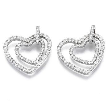 Brass Micro Pave Cubic Zirconia Pendants, with Tube Bails, for Valentine's Day, Nickel Free, Heart with Heart, Clear, Real Platinum Plated, Heart: 18.5x21x2mm, Heart: 11.5x13x2mm, Ring: 8x1.5mm, hole: 5mm