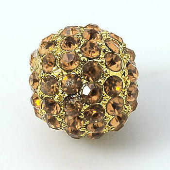 Alloy Rhinestone Beads, Grade A, Round, Golden Metal Color, Lt.Col.Topaz, 10mm
