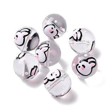 Transparent Glass Beads, with Enamel, Round, White, Rabbit Pattern, 14~15x13~13.5mm, Hole: 1.5~1.6mm