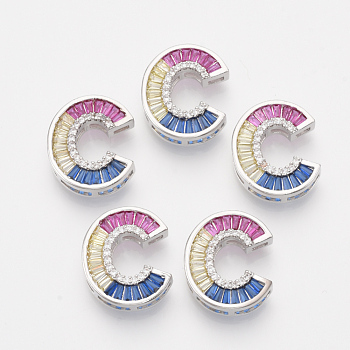 Brass Cubic Zirconia Slide Charms, Real Platinum Plated, Colorful, Letter, Letter.C, 18x15x5mm, Hole: 1.5x3mm and 1.5x7mm