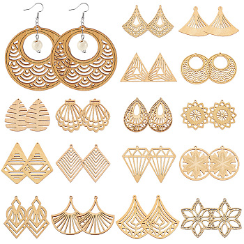 PandaHall Elite 32Pcs Set 16 Styles Laser Cut Wooden Hollow Big Pendants, Geometric Charm, Dyed, Leaf & Teardrop & Rhombus, Mixed Shapes, Wheat, 57~72x42~69x2~2.5mm, Hole: 1.4~2.2mm, 2pcs/style