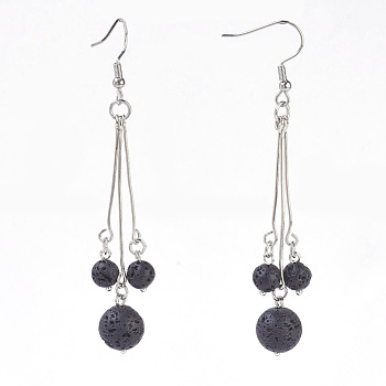 Natural Lava Rock Dangle Earrings, with 304 Stainless Steel Earring Hooks and Iron Eye Pins, Round, 77~78mm, Pendant: 57~58mm, Pin: 0.6mm