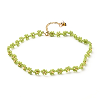 Glass Seed Beaded Flower Necklace with Alloy Enamel Bee Charm, Braided Jewelry for Women, Golden, Yellow Green, 12.60 inch(32cm)