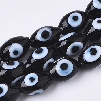 Handmade Evil Eye Lampwork Beads Strands, Rice, Black, 8~9x13~14mm, Hole: 1.8mm, about 30pcs/strand, 15.16 inch(38.5cm)