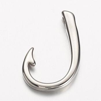 304 Stainless Steel Hook Clasps, Fish Hook Charms , Stainless Steel Color, 37x22x6mm, Hole: 3x5mm