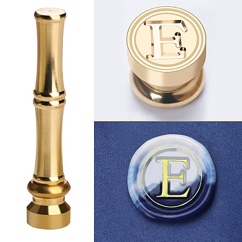 Golden Tone Brass Wax Seal Stamp Head with Bamboo Stick Shaped Handle, for Greeting Card Making, Letter E, 74.5x15mm