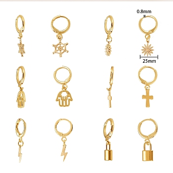 Brass Huggie Hoop Earring, with 304 Stainless Steel Pendants, Mixed Shapes, Golden, 6pairs/box
