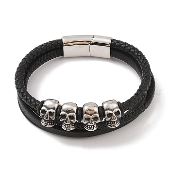 Braided Microfiber Leather Multi-strand Bracelets, Viking 304 Stainless Steel Skull Bracelets for Men, Antique Silver & Stainless Steel Color, 8-1/2x7/8 inch(21.5x2.3cm)