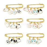 Cat & Paw Print Alloy Enamel Pendants Brooch Pin, Iron Safety Kilt Pin for Sweater Shawl, Mixed Color, 33.5~34mm, 6 styles, 1pc/style, 6pcs/set(JEWB-BR00115)