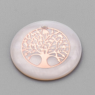 Freshwater Shell Pendants, with Iron Findings, Flat Round with Tree of Life, Rose Gold, Seashell Color, 18x3~4mm, Hole: 1mm(SHEL-S269-58)