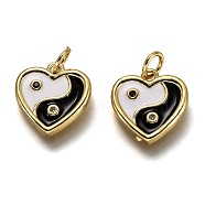 Brass Micro Pave Clear & Black Cubic Zirconia Charms, Long-Lasting Plated, with Jump Rings & Black and White Enamel, Heart with Taiji, Real 18K Gold Plated, 14x13x2mm, Hole: 3.2mm(ZIRC-B0003-18G)