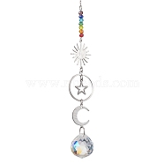 Brass Sun Moon Star Hanging Ornaments, Glass Round Tassel Suncatchers for Garden Outdoor Decooration, Platinum, 230mm(HJEW-JM01950-01)