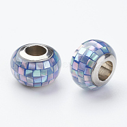304 Stainless Steel Resin European Beads, with Shell and Enamel, Rondelle, Large Hole Beads, Cornflower Blue, 12x8mm, Hole: 5mm(RPDL-P002-A03)