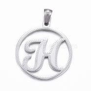 304 Stainless Steel Pendants, Flat Round with Letter.H, Stainless Steel Color, 28x25x1.2mm, Hole: 6x3mm(STAS-K162-050P)
