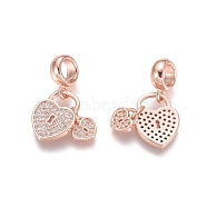 Brass Micro Pave Cubic Zirconia European Dangle Charms, Large Hole Pendants, Heart Lock, Clear, Rose Gold, 21.5mm, Hole: 5mm(X-ZIRC-E163-13RG)