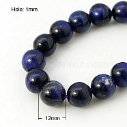 Natural Blue Tiger Eye Beads Strands, Dyed & Heated, Round, Midnight Blue, 12mm, Hole: 1mm, about 16pcs/strand, 7.8 inch(X-G-G099-12mm-13)