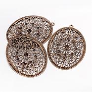 Iron Big Pendants, Vintage Filigree Findings, Oval, Antique Bronze, 63x47x1mm, Drilled Diameter: 2~5mm, Hole: 3mm(X-IFIN-R0096-AB)