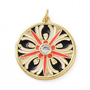 Brass Micro Pave Claer Cubic Zirconia Pendants, Real 18K Gold Plated, with Enamel and Jump Ring, Flat Round with Flower Charms, Black, 27x24x3mm, Jump Ring: 5x0.8mm, Inner Diameter: 3.2mm(KK-E068-VF010)