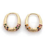 Brass Micro Pave Cubic Zirconia Huggie Hoop Earrings, Oval, Real 18K Gold Plated, Colorful, 16x2~3.5mm, Pin: 0.6mm(EJEW-P187-N01)