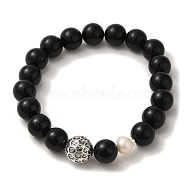 Natural Pearl & Obsidian & Brass Round Stretch Bracelets, Inner Diameter: 2-1/4 inch(5.85cm)(BJEW-C051-24)