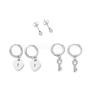 3 Pairs 3 Style 304 Stainless Steel Ball Stud Earrings, Heart Key Dangle Hoop Earrings for Women, Stainless Steel Color, 26~28mm, Pin: 1mm, 1 Pair/style(EJEW-B020-04P)