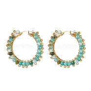 Natural Agate Beaded Hoop Earrings, 304 Stainless Steel Wire Wrap Jewelry for Women, Golden, Turquoise, 43x43.5x9mm, Pin: 1.1x0.6mm(EJEW-JE04847-04)
