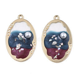 Epoxy Resin Pendants, with Shell and ABS Plastic Imitation Pearl, Light Gold Plated Alloy Open Back Bezel, Oval, Prussian Blue, 38.5x24x5mm, Hole: 1.8mm(RESI-S381-07B)