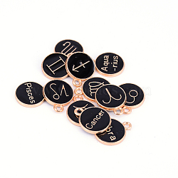 Alloy Enamel Pendants, Flat Round with Twelve Constellation, Light Gold, Black, 15x12x2mm, Hole: 1.5mm, 12pcs/bag(ENAM-WH0047-50G-B)